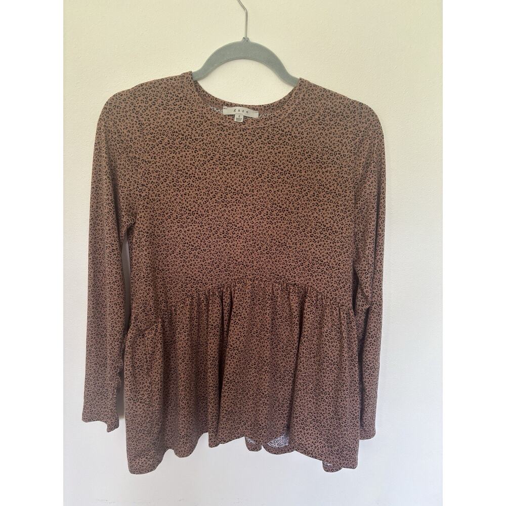 Gaze Women Small Brown Animal Print Blouse Long Sleeve Boho Peplum Top
